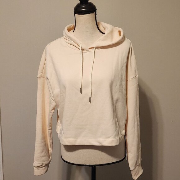 Halara sz M women Dropped Shoulder Drawstring Cropped Hoodie Sweatshirt Cream - Picture 2 of 10